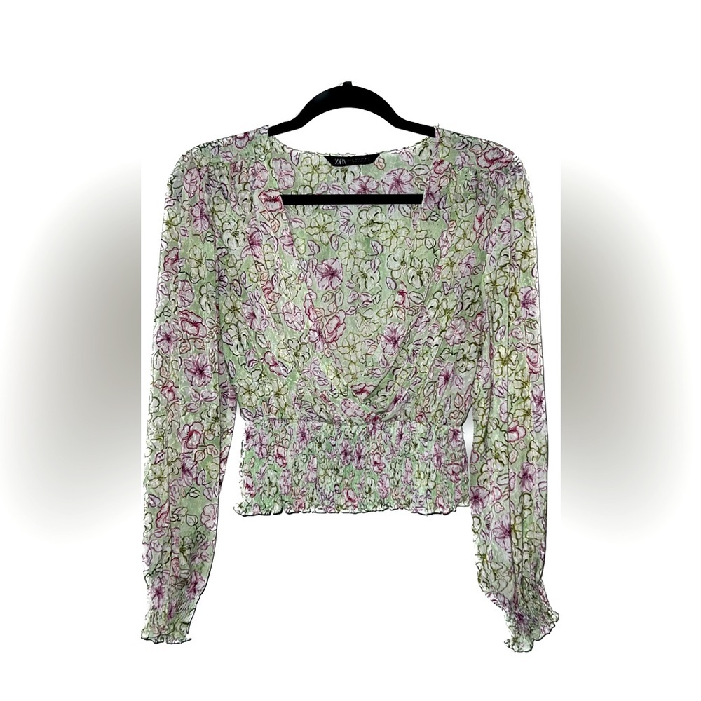 Zara Top | Green & Pink Floral Pattern | Smocked Waist & Sleeves | Large